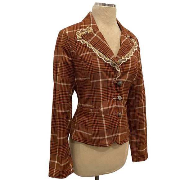Y2K Plaid Blazer With Lace Trim Collar - Picture 4 of 11